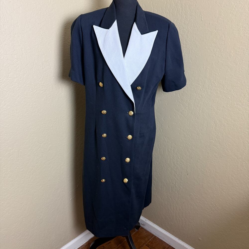 Leslie Fay Collections Navy White Blazer Dress Gold Buttons Short Sleeve